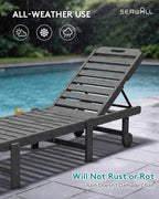 SERWALL Outdoor Chaise Lounge Set of 4, 78" Patio Lounge Chair with 5 Positions Adjustable Backrest, HDPE Lounger with Rolling Wheels & Cup Holder for Poolside, Beach, Garden, Grey