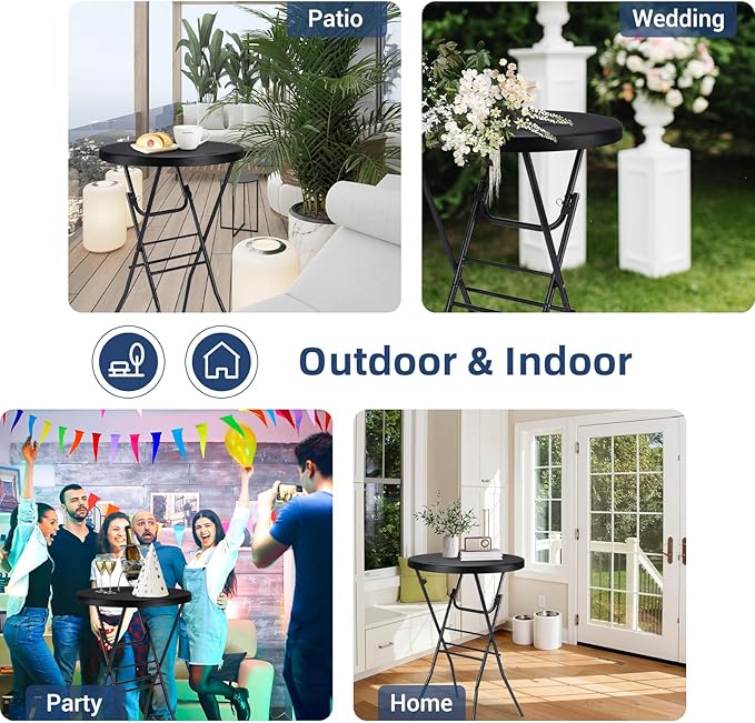 Cocktail Table 28in Folding Round High Top Indoor – Black- 2PCS