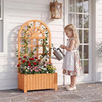 Giantex Wooden Raised Garden Bed with Arched Trellis, 48” Fir Wood Outdoor Elevated Planter Box Privacy Screen with Drainage Holes, Vertical Garden Bed for Climbing Plants, Patio Balcony Backyard
