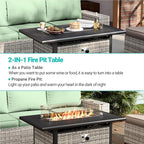 7-Piece Outdoor Patio Furniture Set with 55,000 BTU Fire Pit Table, PE Wicker Rattan Sectional Sofa Patio Conversation Set with Thickened Cushions & Coffee Table, Light Green