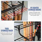 Storage Rack for Garden Tools with Wheels, Black Coated Steel