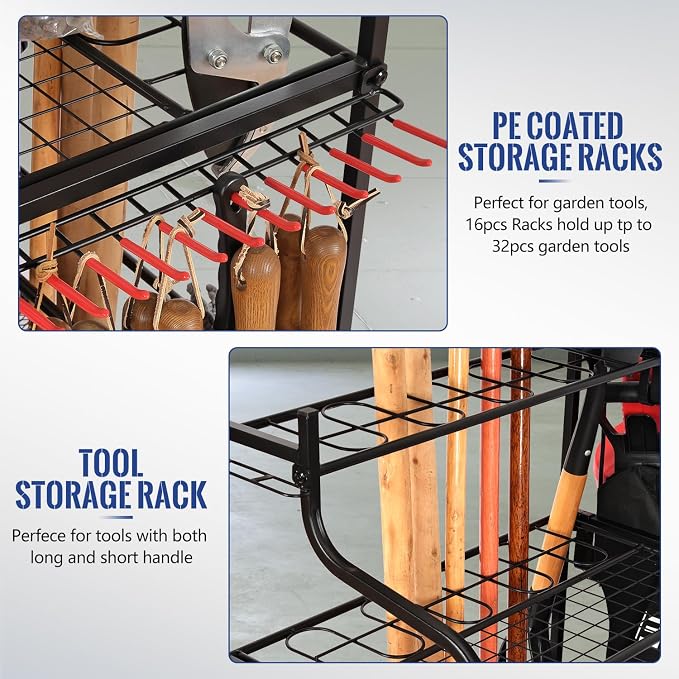 Storage Rack for Garden Tools with Wheels, Black Coated Steel