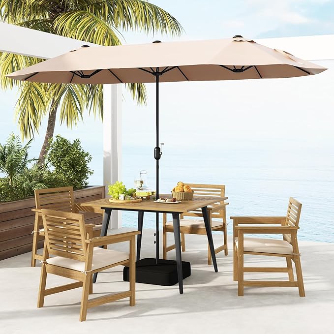 Tangkula 42.5" Acacia Wood Outdoor Dining Table for 4, Patio Table with 1.9" Umbrella Hole, Metal Legs & Adjustable Foot Pads, 4-Person Outside Table for Garden, Poolside & Backyard