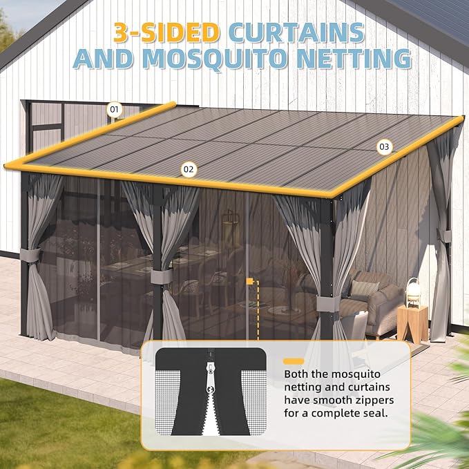 AECOJOY 16' x 12' Gazebo Outdoor Pergola with Curtains and Netting for Patio, Large Wall-Mounted Hardtop Lean to Metal Gazebo Shelter, Pergolas and Gazebos Clearance with Patio Roof Awnings for Decks