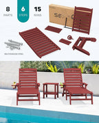 SERWALL Patio Chaise Lounge Chair, 78'' Long HDPE 5 Positions Adjustable Outdoor Lounger, Poly Lounge Chair with Rolling Wheels & Cup Holder for Pool, Dark Red