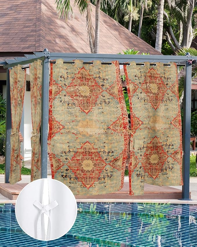 Boho Outdoor Curtains for Patio Waterproof, Grommet Privacy Curtain Drapes Weatherproof Outside Curtains for Porch GazeboPergola Cabana 2 Panel 54x95inch Rustic Bohemian Floral Tribal Orange