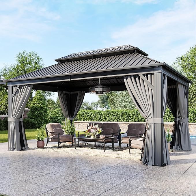 Aoxun 12'x16' Hardtop Gazebo, Aluminum Frame Canopy with Double Galvanized Steel Roof, Outdoor Metal Pavilion with Netting Curtains and 20 inch Ceiling Fans with Lights for Backyard, Patio and Deck