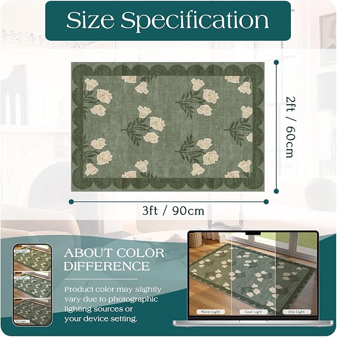 Outdoor Rugs Floral Door Mat in Sage Green, 2 x 3 Feet, Non-Slip