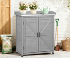 Outdoor Potting Bench with Storage Cabinet and Metal Top, Wood Workstation for Outdoor Patio, Garden (Classic Grey, 31.5x17x39‘’)