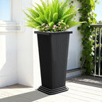 Tall Black Planters Outdoor Set of 2, Large Outdoor Tall Planters Pots with Tray, Modern Tapered Flower Planter for Front Porch, Patio, Garden (24", Ribbed)