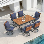 Grand patio 7-Piece Outdoor Dining Set, 6 Leather-Look Wicker Blue Swivel Patio Chairs & 1 Extendable Rectangular Dining Table, Brown