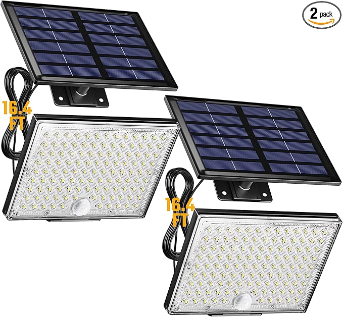 SUPERDANNY Solar Outside Lights with 113 Bright LEDs 7000K, Motion Sensor Outdoor Flood Lights Dusk to Dawn with 16ft Cable IP65 Waterproof, Security Light for Garden Barn Porch 2 Pack