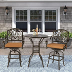 VIVIJASON 3-Piece Patio Swivel Bar Stools Set, All Weather Cast Aluminum Outdoor Bar Height Bistro Set with 2 Cushioned Bar Chairs & 31" High Bar Table w/Umbrella Hole for Backyard, Lawn, Garden