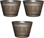 Classic Home and Garden Outdoor Round Whiskey Resin Flower Pot Barrel Planter, Distressed Oak Brown, 20.5" (Pack of 3)