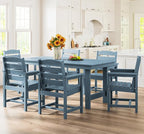 SERWALL 7-Piece Patio Dining Table Sets, Outdoor HDPE Dining Furniture Set with Umbrella Hole Cut-Out Table and 6 Chairs, Blue