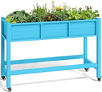 YITAHOME Raised Garden Bed HDPE, 47x18x31In Raised Flower Bed Poly-Wood Weather-Resistant Elevated Planter Box with Lockable Wheels for Vegetables, Aruba Blue