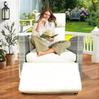 Outdoor Wicker Recliner Chair, 145° Patio Lounge Chair with 4" Cushion, Adjustable Backrest & Footrest, Flip-up Table & Side Pocket for Backyard, Deck, Balcony, Terrace, Poolside