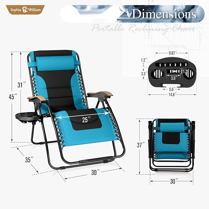 Recliner Chair, Oversized Zero Gravity in Aqua with 400 lb Capacity