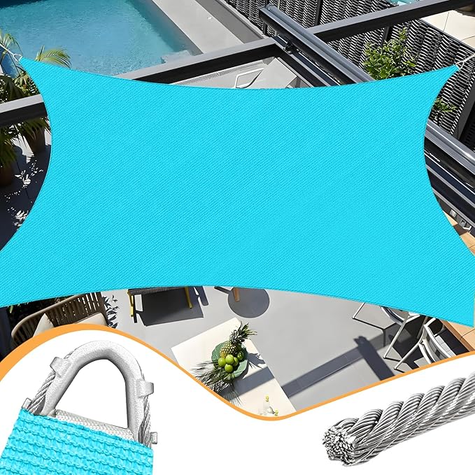 20' x 20' Turquoise Rectangle Sun Shade Sail Outdoor Canopy Awning UPF50+, 95% UV Blockage, Sunshade with High-Strength Steel Cable Edges for Outdoor Patio Garden Backyard