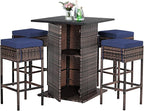 Tangkula 5 Piece Outdoor Rattan Bar Set, Patio Bar Furniture with 4 Cushions Stools and Smooth Top Table with Hidden Storage Shelf, Outdoor Conversation Set for Poolside, Backyard, Lawn (Navy Blue)