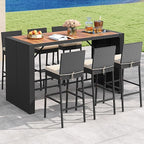 Tangkula 7 Piece Patio Wicker Bar Set, Patiojoy Outdoor Acacia Wood Bar Height Table & 6 Rattan Bar Stool Chairs with Backrest and Footrest, for Bistro Garden Balcony