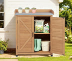 Outdoor Potting Bench with Storage Cabinet and Metal Top, Wood Workstation for Outdoor Patio, Garden (Light Brown, 31.5x17x39‘’)