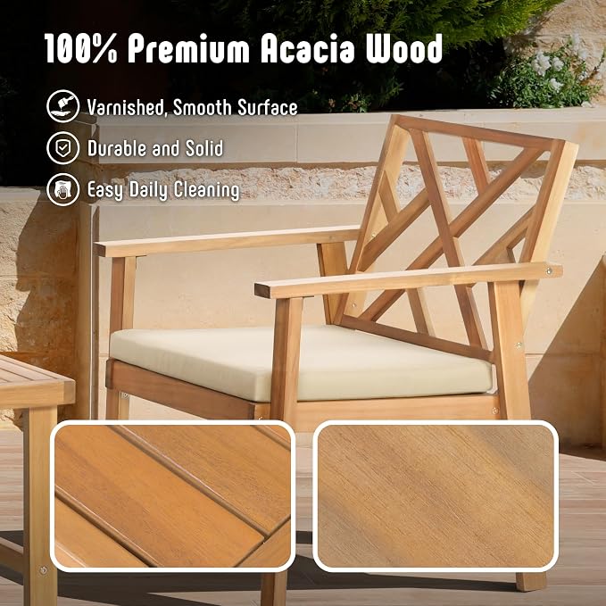 Conversation Set, 3 Piece Acacia Wood Patio Set in Khaki with Padded Cushions