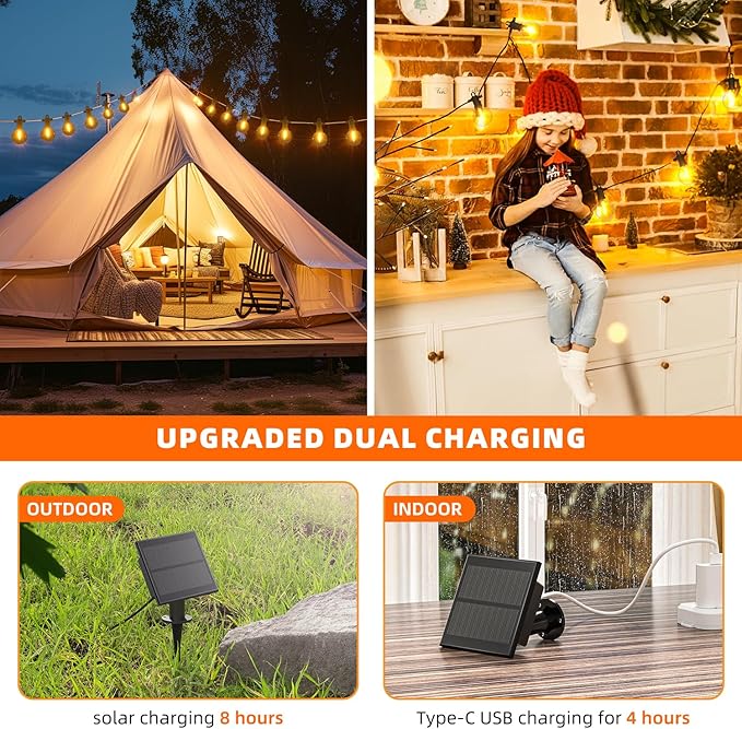 String Lights, 100FT Solar Outdoor Edison Bulbs in Warm White