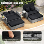 Tangkula Patio Rattan Daybed with 4-Level Adjustable Backrest, Outdoor PE Wicker Loveseat with Storage Ottoman & Folding Side Table, Double Sunbed for Balcony, Backyard & Poolside, Black & Grey