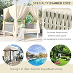 Merax Outdoor Patio Daybed with Soft Thick Cushions, Two Pillows and Curtains, Double Chaise Lounge Sunbed with Rubber Core Rope Backrest for Outside Pool,Garden,Backyard,Lawn, Beige