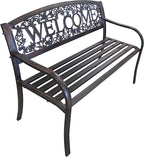 Leigh Country Metal Outdoor Bench, Welcome Design, Decorative Patio Seating for Porch/Deck