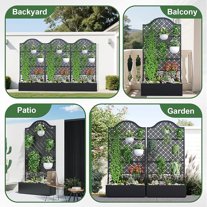 Metal Raised Garden Bed with Trellis & Privacy Screen - 83"x40"x11.8" Freestanding Planter Box for Patio Balcony, Modern Planter with Drainage Holes for Climbing Plants, Flowers & Vegetable