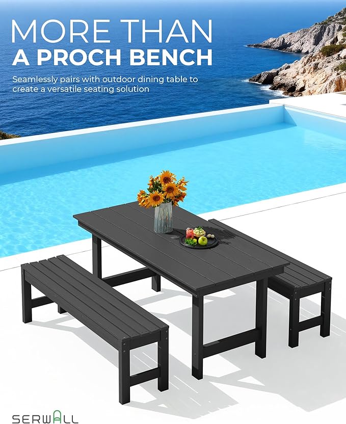 SERWALL 47 Inches Outdoor Bench, All Weather HDPE Backless Bench with Wood Grain Texture for Garden Porch and Park, Curved Bench Seat for Comfort, Black