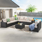10 Pieces Patio Furniture Set All-Weather Outdoor Wicker Sectional Conversation Sofa Rattan Patio Seating Sofa with Cushion and Glass Table for Porch Poolside,Beige