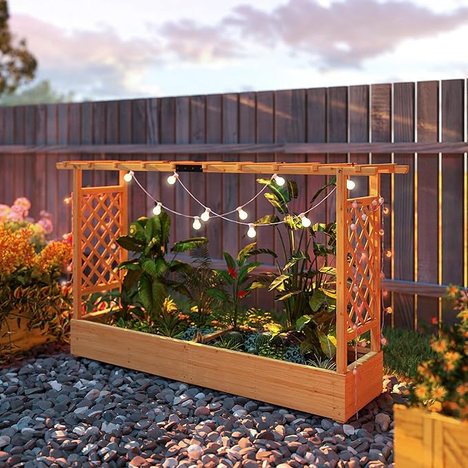 Outsunny Raised Garden Bed with Trellis, Wooden Planter Box with Hanging Roof and Drainage Holes, Outdoor Trellis Planter for Climbing Plants, Vegetables, Herbs and Flowers, 78.7" x 17.3" x 44.7"