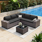 ALAULM 6 Pieces Patio Furniture Set, Oversized Seat/Armrest and High Back Wicker Sectional Furniture Set with Thick Cushion for Backyard, Garden, Black