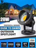 SUNVIE 20W Outdoor LED Spotlight with Photocell Sensor 120V Waterproof Dusk to Dawn Landscape Lighting 3000K Warm White Spot Lights Outdoor for Yard Flag Tree Garden Decor 6 FT Cord with US 3-Plug in