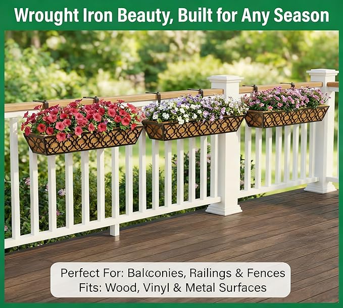 Y&M 4pcs 30" Horse Trough Window Boxes with Coconut Coir Liner, Black Metal Hanging Flower Planter Deck Railing Planter Boxes for Outdoor Indoor