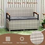 RELAX4LIFE Wicker Outdoor Storage Bench, Rattan Deck Box w/Protective Liner for Patio Furniture Pillows & Garden Tools, Porch Loveseat with Seat Cushion, Acacia Wood Armrests (Grey)