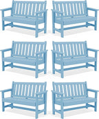 SERWALL Outdoor Bench, HDPE Outdoor Benches Weatherproof, 2-Person Garden Bench with 660 lbs Weight Capacity, Patio Benches for Outdoors, Garden, Porch, Backyard and Park, Light Blue, 6 Pack
