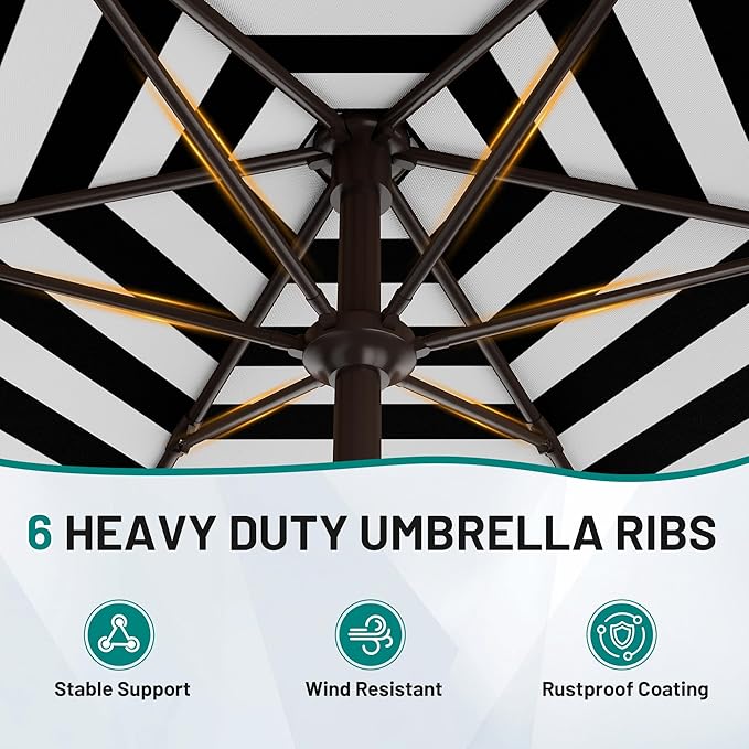 AreShark 7.5FT Patio Umbrella Table Market Umbrella with 6 Sturdy Ribs, Button Tilt/Crank, Heavy-Duty Outdoor Umbrellas for Pool, Deck, Garden and Backyard, Black & White Stripe