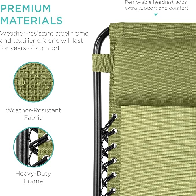 Best Choice Products Set of 2 Adjustable Steel Mesh Zero Gravity Lounge Chair Recliners w/Pillows and Cup Holder Trays - Dusty Green/Black