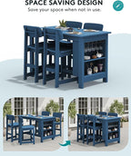 SERWALL 8-Piece HDPE Counter Height Dining Table Sets with Storage and Wine Rack, 2 Rectangular Bar Table with Bar Stools Set of 6 for Garden, Backyard, Kitchen, Blue