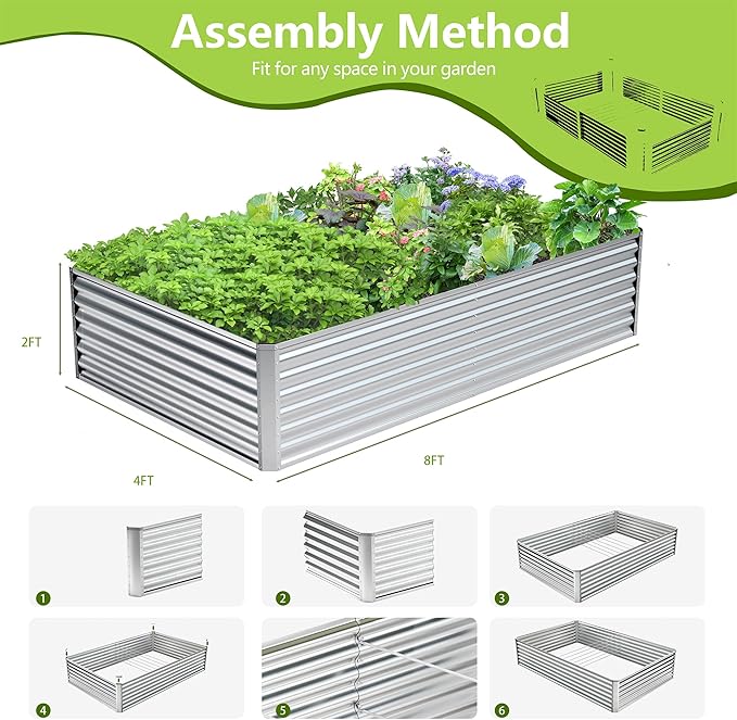 8x4x2FT Galvanized Raised Garden Bed,Galvanized Planter Boxes Outdoor, Large Metal Raised Garden Beds for Vegetables-Silver