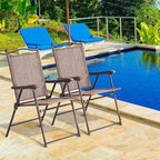 Giantex Set of 2 Patio Folding Chairs, Outdoor Patio Dining Chairs w/Armrest, Sling Back, Metal Frame, Outside Use for Lawn Camping Garden Pool Beach Yard Lounge, No Assembly, Brown