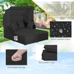 ORALNER Outdoor Daybed, 2-Person Wicker Patio Sofa with Retractable Canopy, Cushions & Pillows, 2 Side Trays, PE Rattan Double Sunbed Lounger for Deck Poolside Garden Balcony (Black)