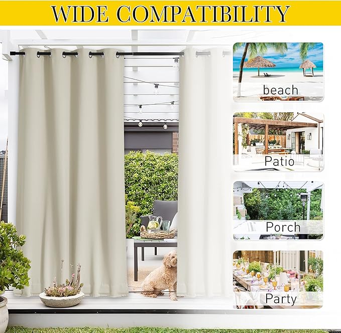 NICETOWN 2 Panels Weighted Blackout Curtains for Patio Waterproof, Top & Bottom Grommet & Back Tab Fixed Outdoor Curtains Windproof Drapes Thermal Insulated for Porch, W52 x L84, Light Beige