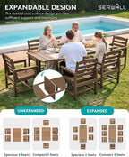 SERWALL 7-Piece Patio Dining Sets, 60" - 83" Expandable Outdoor Dining Table and 6 HDPE Chairs, All Weather HDPE Outdoor Furniture Set for Backyard, Garden, Brown