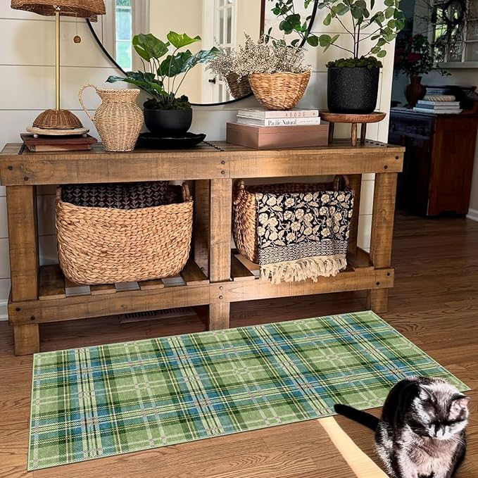 Outdoor Rug Plaid Door Mat, Sage Green Textured, 2 x 4.3 Ft