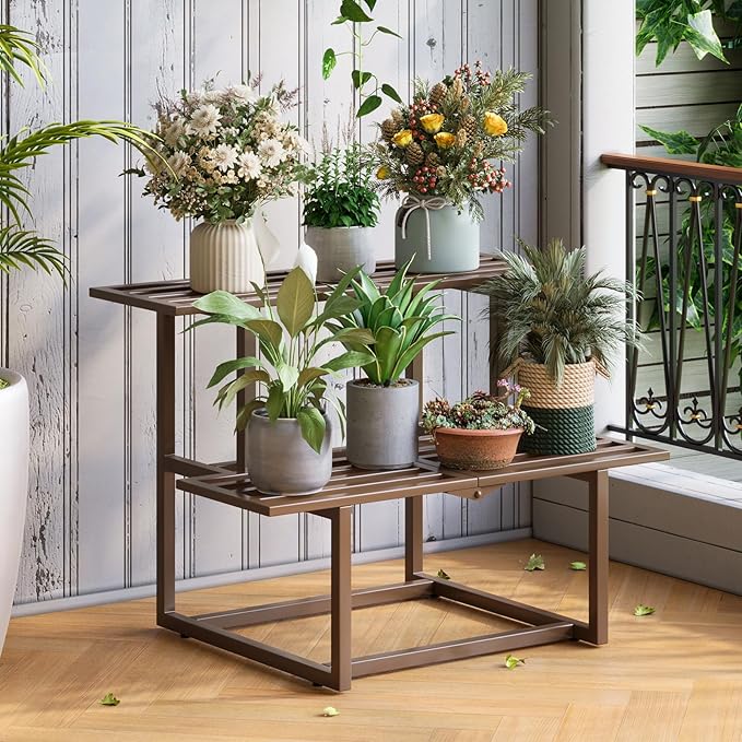 Metal Plant Stand, Foldable Heavy Duty Indoor, Window Iron Plant Shelf - Mid Century Modern Slatted Display for Patio, Garden, Living Room Load Bearing 330 lbs 26" L x 20.2" H x 17.7" W 2 Tier Coffee
